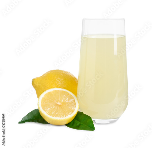Refreshing lemon juice in glass, leaves and fruits isolated on white