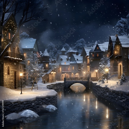 Winter night in the village with a small bridge over the river.