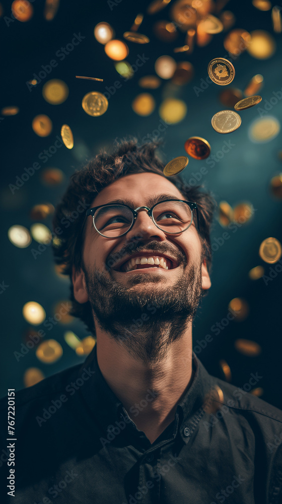 Happy man on a dark background with flying coins and bills in the background, be sure to leave space for text. the photo will illustrate a happy and successful life separated keywords by commas Happy man on a dark background with flying coins and bills in the background, be sure to leave space for text. the photo will illustrate a happy and successful life separated keywords by commas