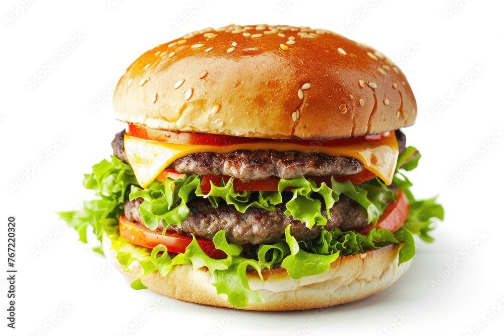 Burger On White Background - Juicy Cheeseburger with Beef, Tomatoes, Lettuce and Cheese on Isolated Bun Burger On White Background - Juicy Cheeseburger with Beef, Tomatoes, Lettuce and Cheese on Isolated Bun