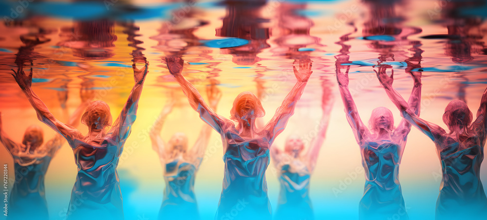 Obraz premium pretty sweet ladies summer dressed rising hands enjoying self, ai generative