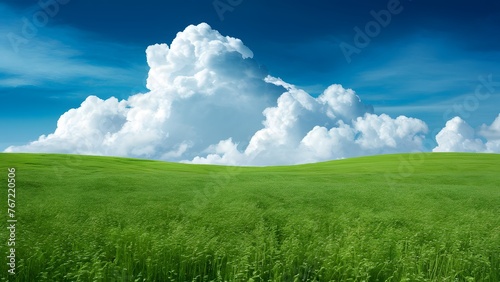 Summer environmental landscape concept featuring green grass and cloudscape art