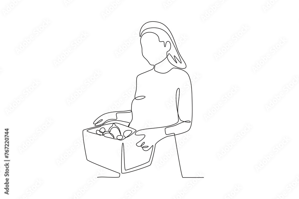 Happy woman after picking vegetables.People picking herbs or veggie one-line drawing