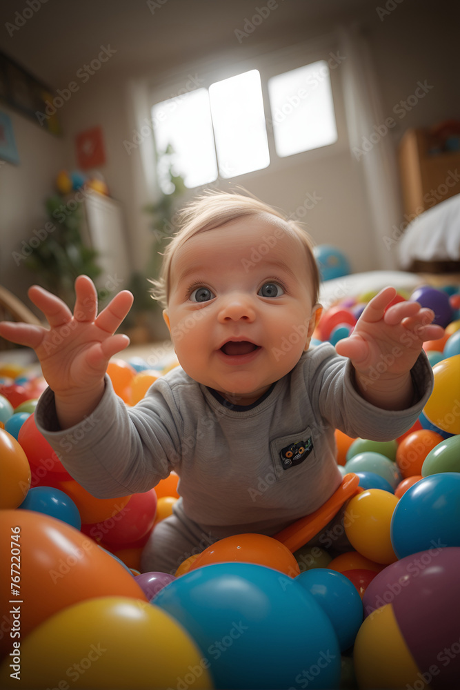 A playful baby reaching out towards the camera lens, captured A playful baby reaching out towards the camera lens, captured