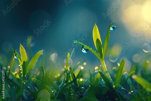 Dew Drops on Grass in Nature's Serenity: A Refreshing Glimpse of Spring and Summer