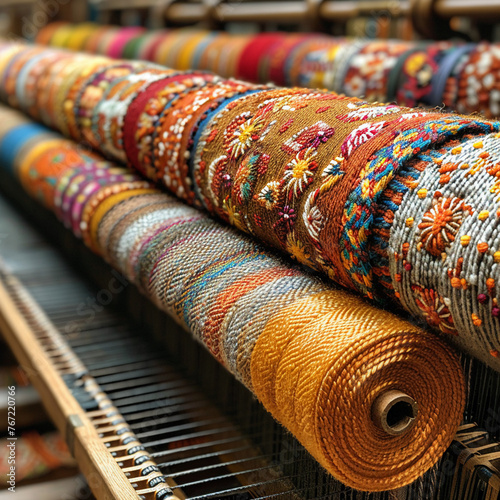 Close-up of fabric weaving on a loom photo