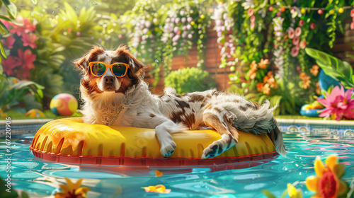 Illustrate a delightful scene of a dog lounging on a float in a pool, wearing sunglasses to shield its eyes from the bright summer sun, set against a backdrop of lush greenery, blooming flowers, and p photo