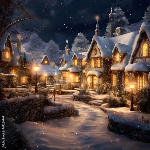 Winter night in the village. Christmas background. 3d rendering.