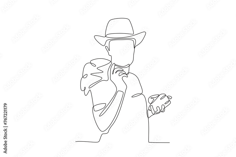 Man showing off his vegetable harvest.People picking herbs or veggie one-line drawing Man showing off his vegetable harvest.People picking herbs or veggie one-line drawing