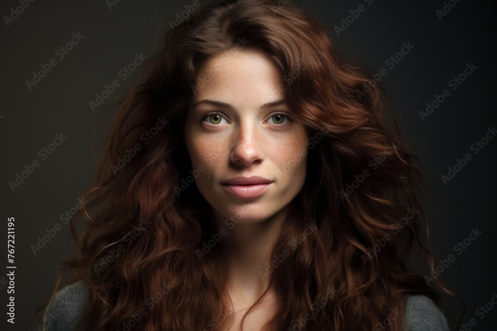 Portrait of beautiful young woman with long curly hair. Studio shot. Portrait of beautiful young woman with long curly hair. Studio shot.
