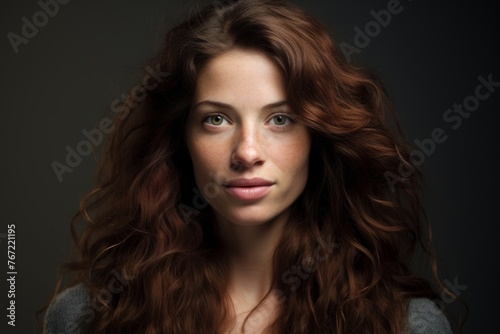 Portrait of beautiful young woman with long curly hair. Studio shot.