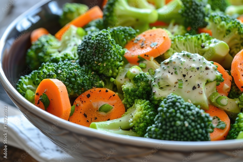 Healthy and Vegetarian Broccoli Salad with Carrots and Dressing - Delicious Vegetable-Filled Dish Healthy and Vegetarian Broccoli Salad with Carrots and Dressing - Delicious Vegetable-Filled Dish