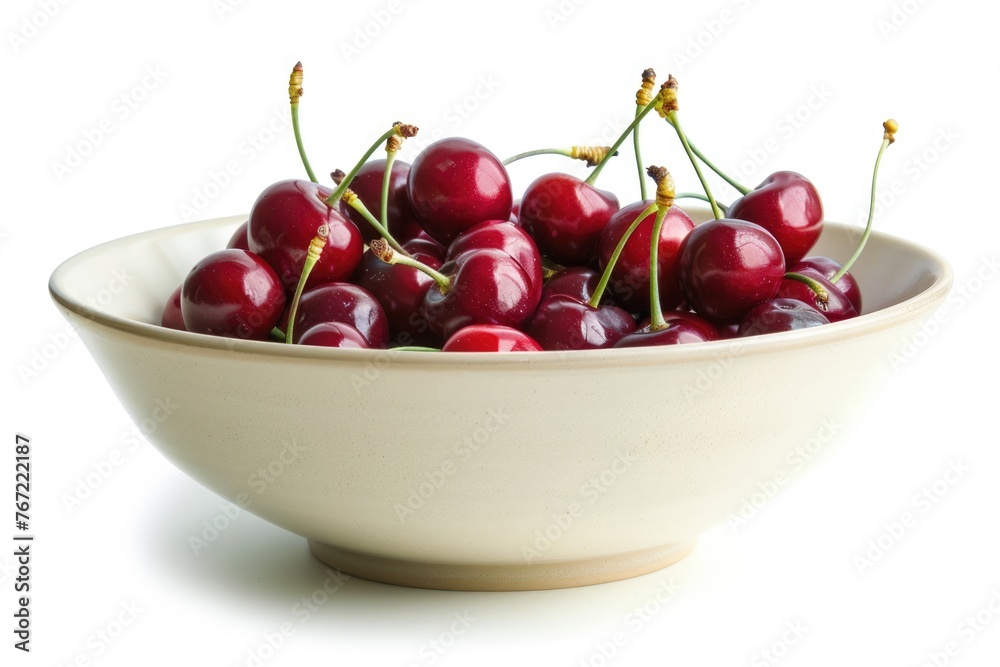 Perfect Red Ripe Cherries in a Crisp White Bowl. Mouthwatering Dessert or Snack Isolated on a White Background Perfect Red Ripe Cherries in a Crisp White Bowl. Mouthwatering Dessert or Snack Isolated on a White Background