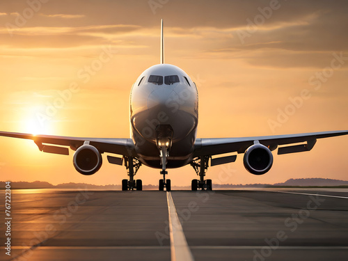XL jet airplane landing at sunset. A large jetliner taking off from an airport runway at sunset or dawn with the landing gear down and the landing gear down. generative ai