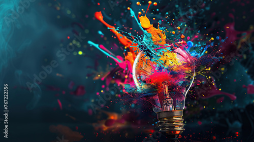 Creative light bulb explodes with colorful paint splashes. Brainstorming concept Banner © Wijaya