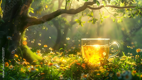 A transparent cup holding a radiant yellow drink, set amidst a lush green landscape, under the midday sun. photo