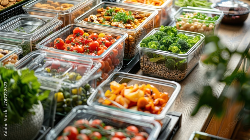 Close-up of healthy vegetarian food in containers. A lot of vegetables, Close-up of healthy vegetarian food in containers. A lot of vegetables,