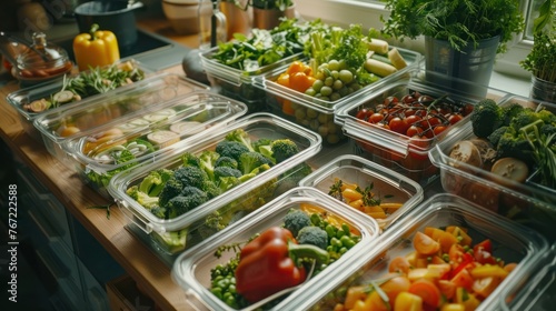 Close-up of healthy vegetarian food in containers. A lot of vegetables  