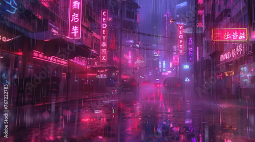 Illustrate a hauntingly beautiful scene of cyberpunk streets illuminated by neon signs and holographic displays, set against a backdrop of rain and fog, creating a moody and atmospheric ambiance that 