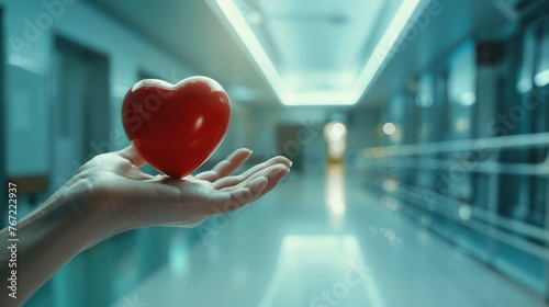 Doctor's hand holding a red heart shape in a hospital. love, donor, world heart day, health, insurance concept.