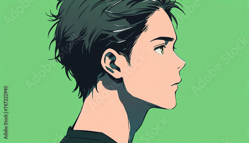 portrait in profile of a young pensive anime guy with short hair on a green background © Маргарита Вайс
