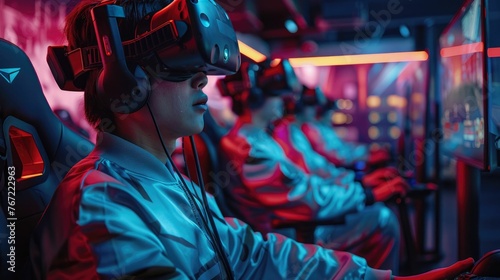 VR gaming arena, dynamic battleground, cyber competition