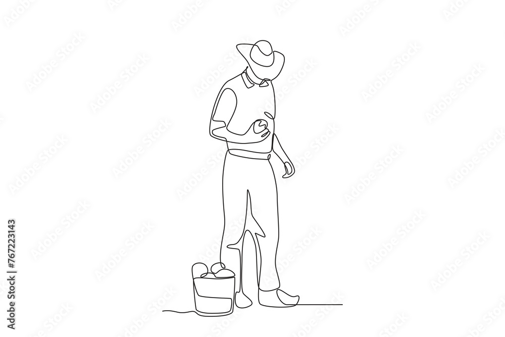 Man harvesting tomatoes.People picking herbs or veggie one-line drawing