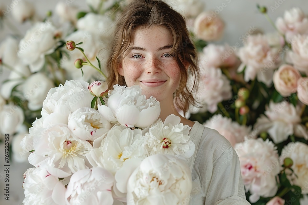 smiling young woman florist with a bouquet of peonies in a light interior of flower shop smiling young woman florist with a bouquet of peonies in a light interior of flower shop