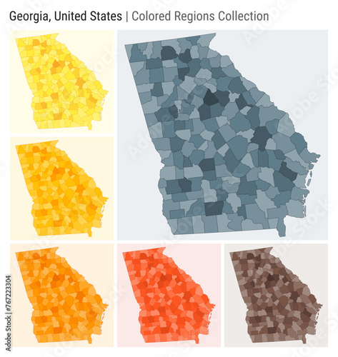 Georgia, United States. Map collection. State shape. Colored counties. Blue Grey, Yellow, Amber, Orange, Deep Orange, Brown color palettes. Border of Georgia with counties. Vector illustration.