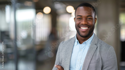 A smiling man engaging in a conversation with a colleague in a bright corporate office setting. © HelenP