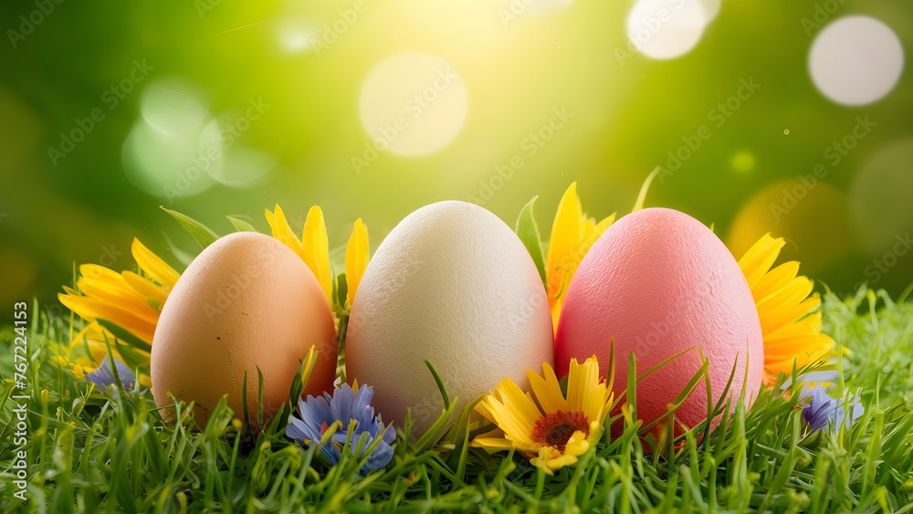 Top view Easter background with eggs, spring flowers, art Top view Easter background with eggs, spring flowers, art