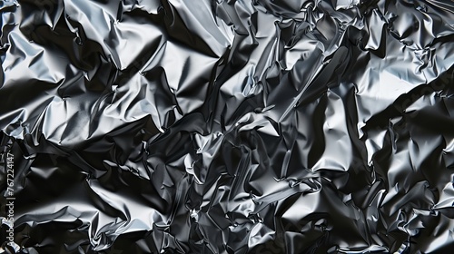 crumpled aluminum foil gray silver metallic black texture background 