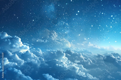 Bright blue sky, fluffy white clouds covering the twinkling stars,