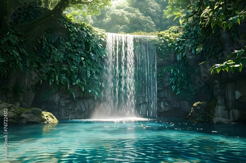 Refreshing Waterfall Pool - Crystal-clear water cascading into a serene pool surrounded by lush greenery.
