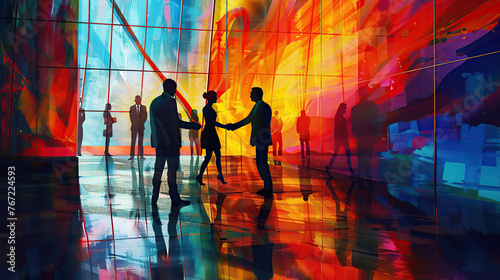 dynamic scene of corporate agreement depicted in a stylized painting background, where business people shake hands amidst bold lines and vibrant colors reminiscent of modern abstract art.