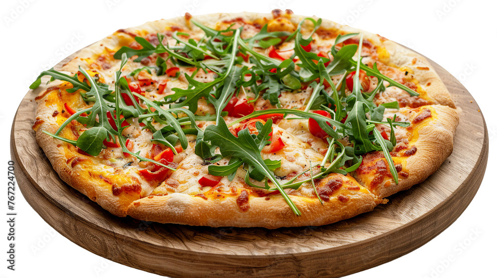 Homemade Vegetarian Pizza with Fresh Arugula and Mozzarella Cheese on Wooden Table - Delicious Italian Cuisine for Healthy Meals and Gourmet Snacks on Transparent Background