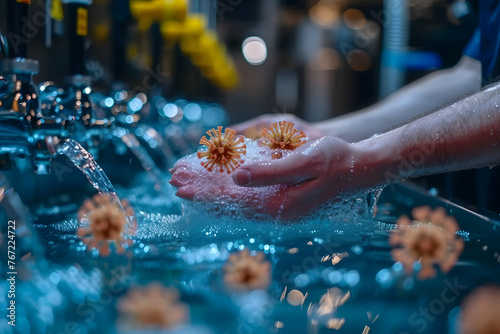 Close-up of virus particles being washed off hands with soap and water. Health and safety concept for hygiene practices, infection control, and preventive measures with detailed visualization photo