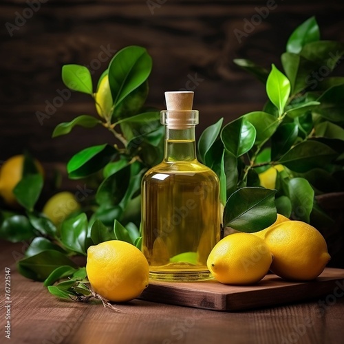 Lemon Oil Bottle With Lemons on Cutting Board. 