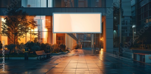 Blank white advertising billboard on a office building wall at night  mockup.