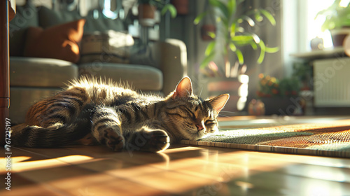 lazy afternoon in a sunlit living room, featuring a relaxed cat lounging on the floor amidst realistic wallpaper