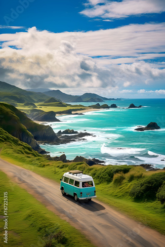 BB Travel: Adventure Begins on Scenic Coastal Road with Vintage Camper Van under Stunning Skies