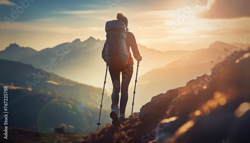 Rear view woman hiker with backpack climbing mountains and reaching the top. Conceptual scene with a female hiking and overcoming obstacles as ascends the rocky peaks. Leader success and achievement