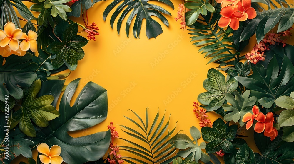 Floral and botanical background, Abstract pattern with spring flowers on a yellow background