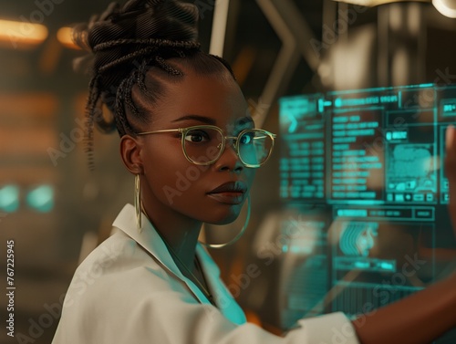 A woman wearing glasses is looking at a computer screen. The image is a digital representation of a woman with a computer monitor in front of her