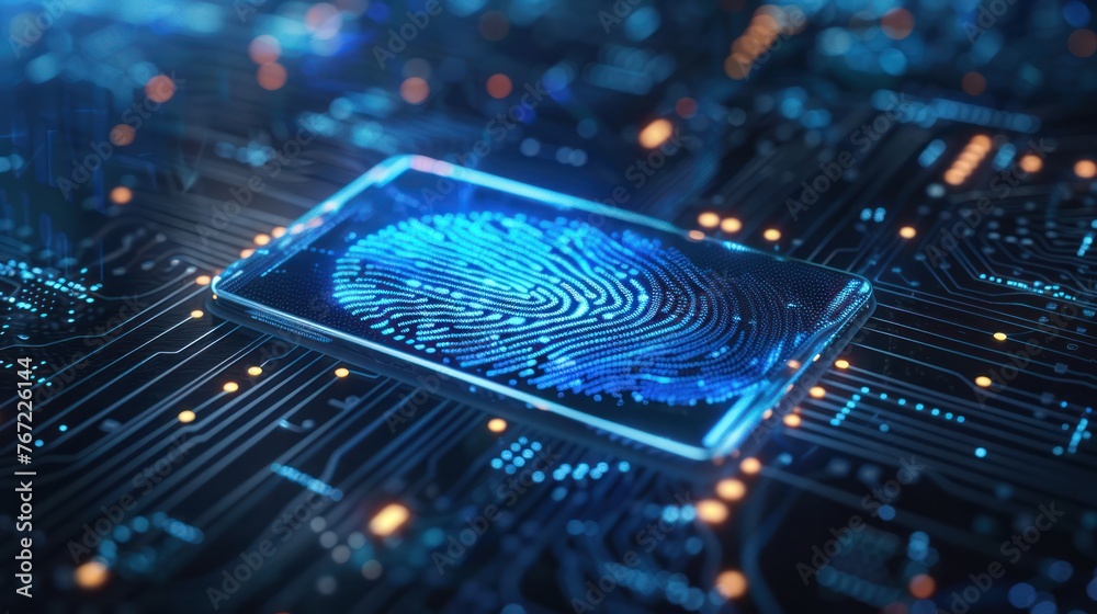 fingerprint scanner to confirm identity Conveys security of financial transactions  - obrazy, fototapety, plakaty 