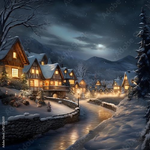 Winter night in the village. Winter night in the village. Digital painting.