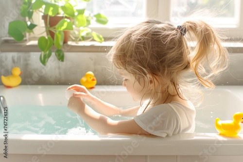 Children playing in the bathtub in the bathroom photo