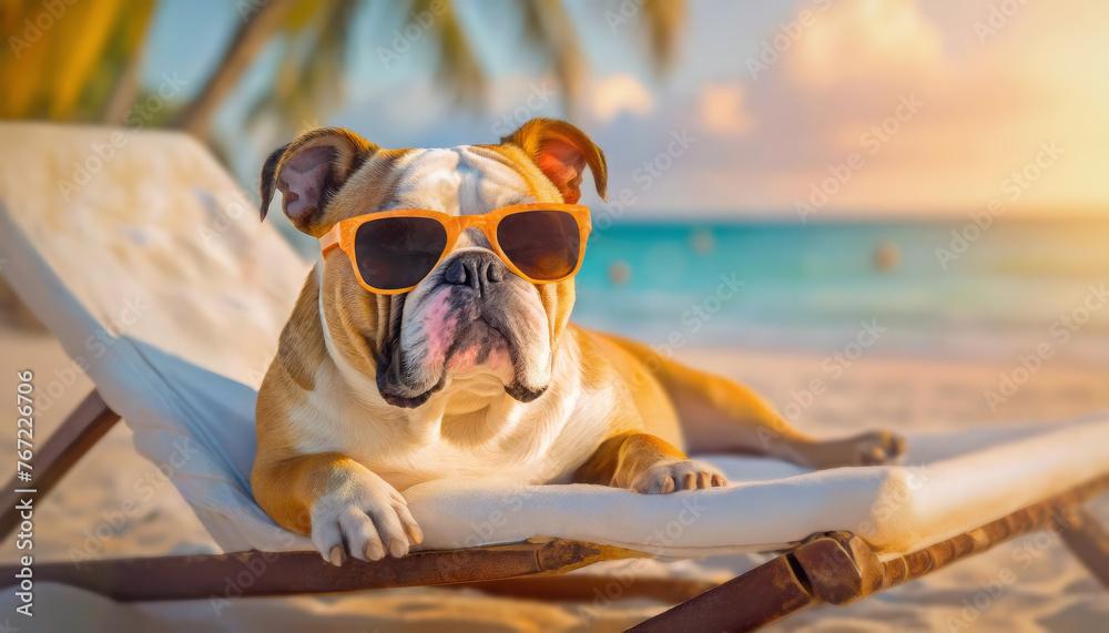 Φωτογραφία Carefree bulldog wearing sunglasses laying like a boss on the sunbed at tropical beach