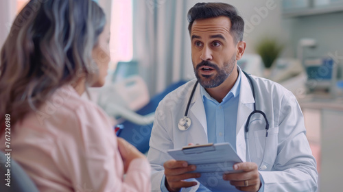 A doctor with a clipboard attentively listens to a patient during a consultation.