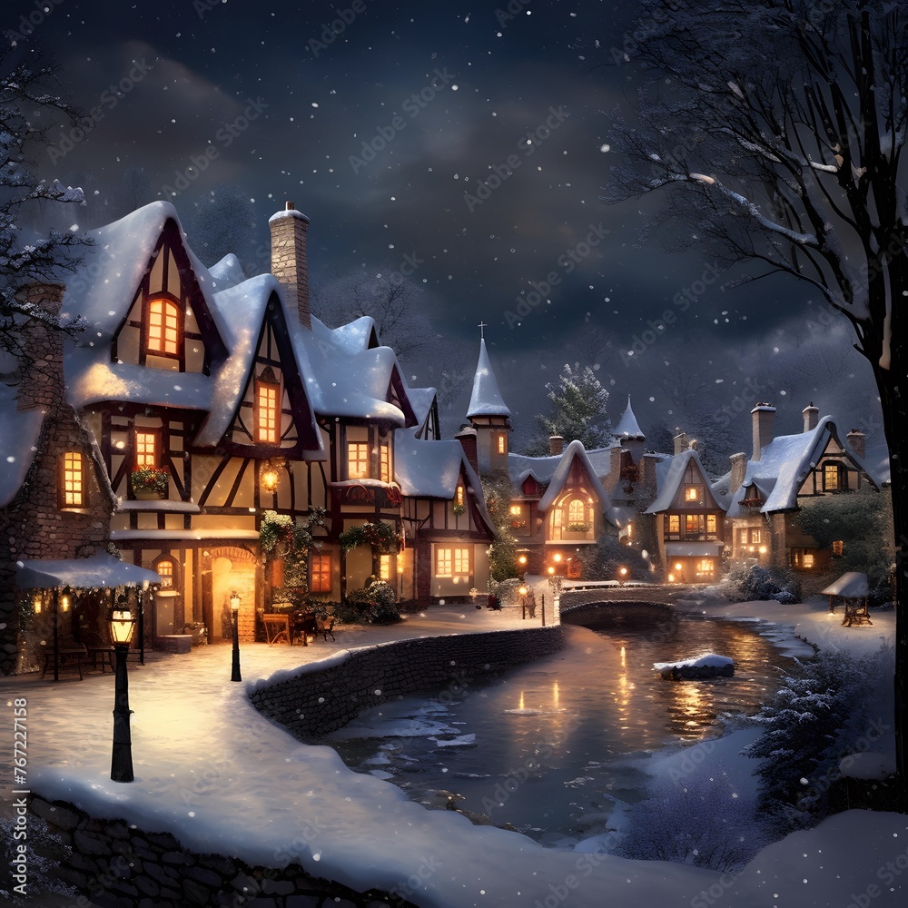 Digital painting of a winter night in a small village with snow covered houses